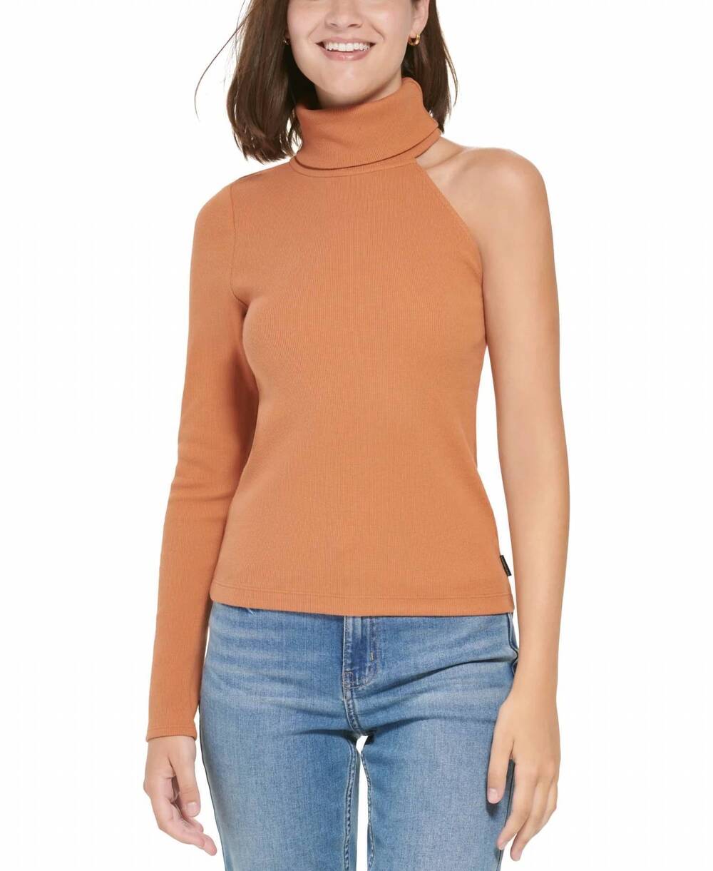 NEW CALVIN KLEIN women's one-shoulder turtleneck top in brown